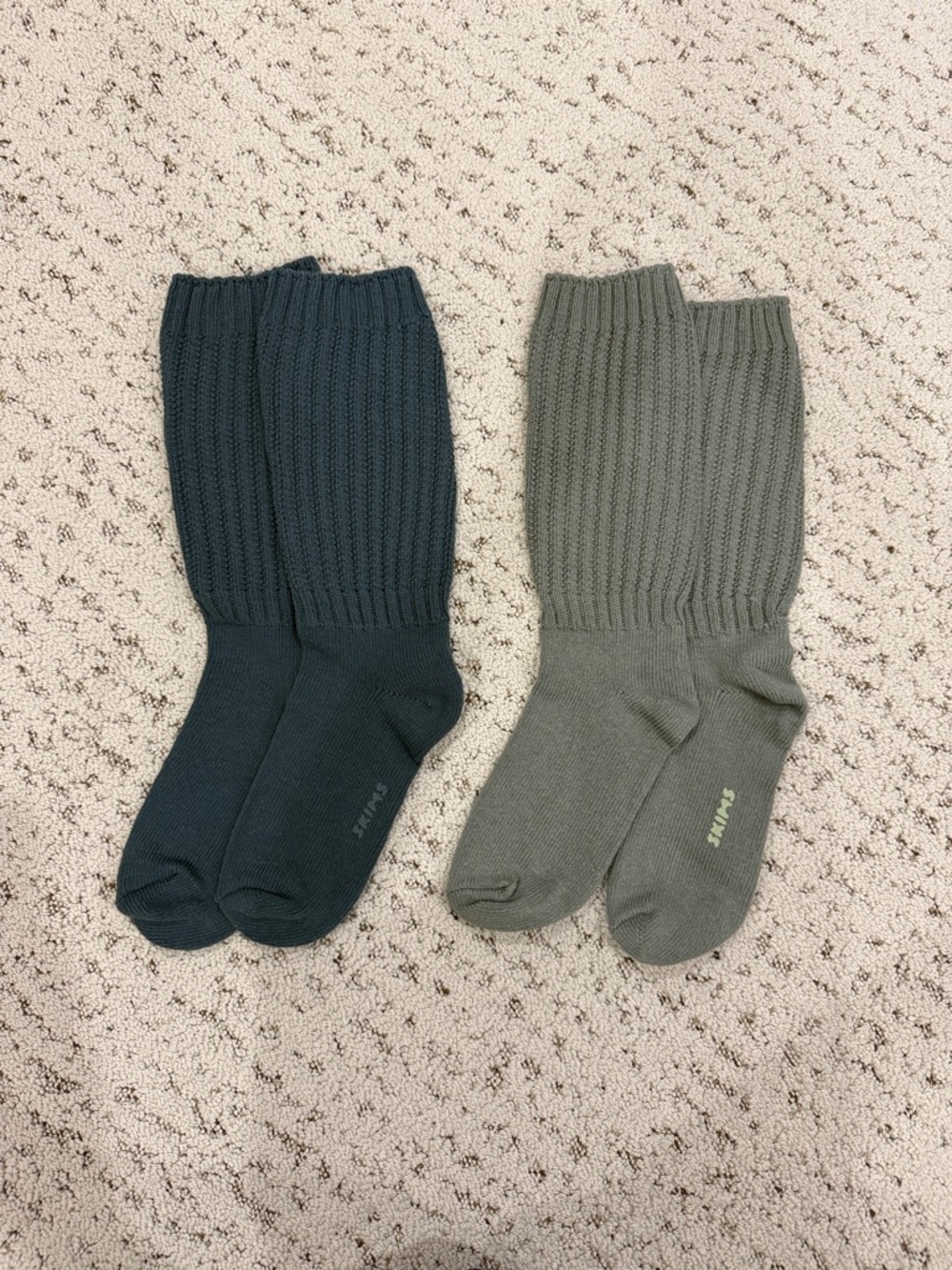 SKIMS Ribbed Crew Socks in Dark Teal and Olive. Never Worn!
